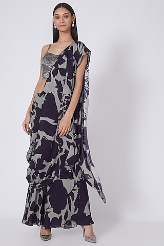 Grey & Black Georgette Digital Printed Palazzo Pant Saree Set by Dev R Nil