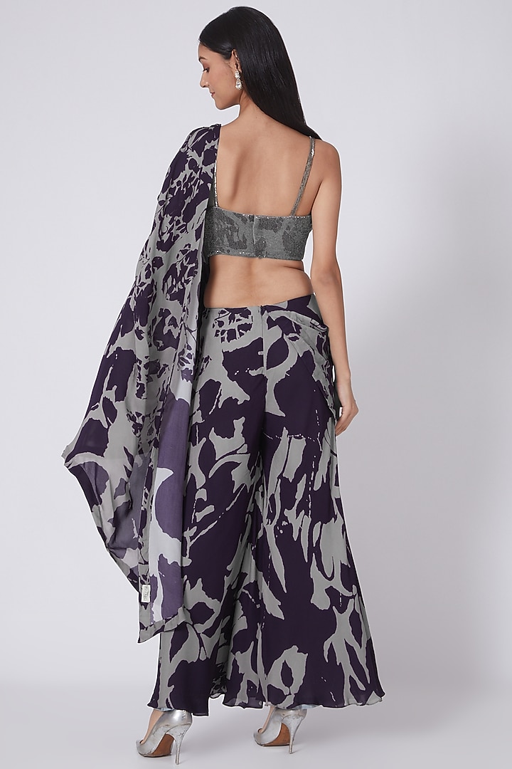 Grey & Black Georgette Digital Printed Palazzo Pant Wedding Saree Set by Dev R Nil at Pernia's Pop Up Shop