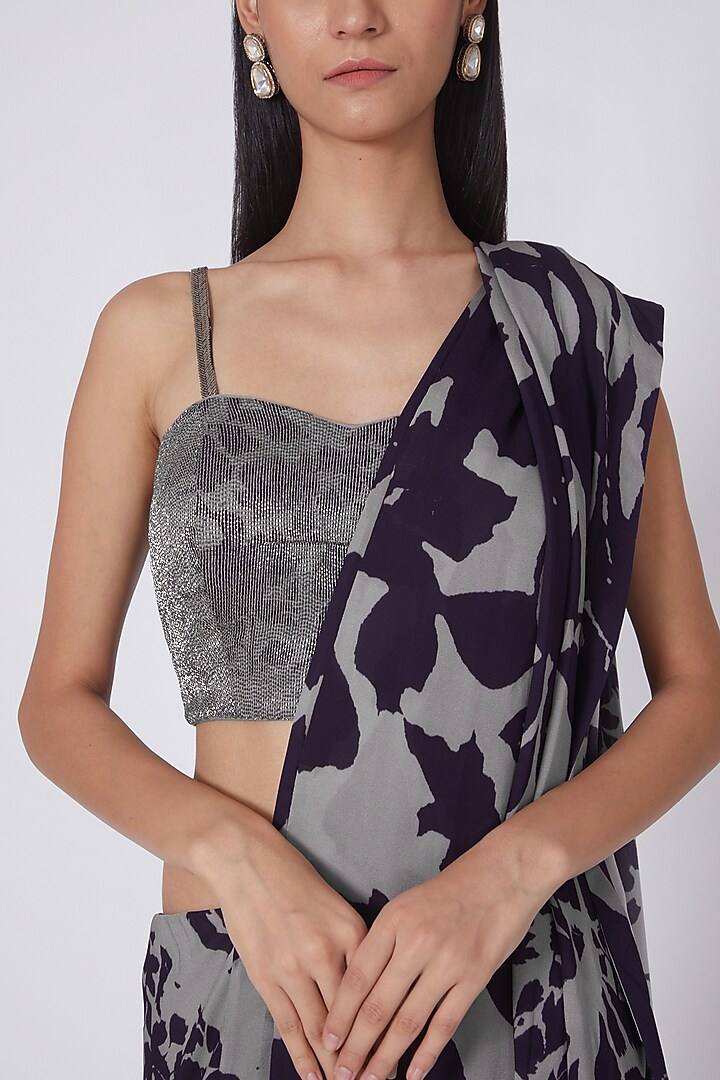 Grey & Black Georgette Digital Printed Palazzo Pant Wedding Saree Set by Dev R Nil at Pernia's Pop Up Shop