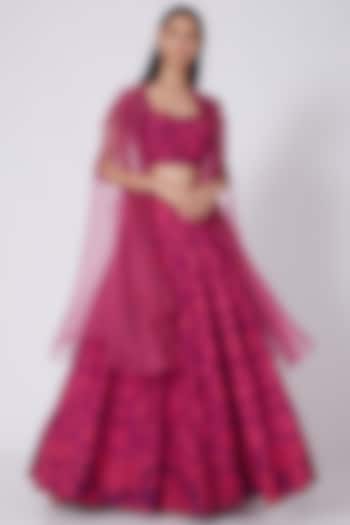 Fuchsia & Purple Printed Skirt Set by Dev R Nil