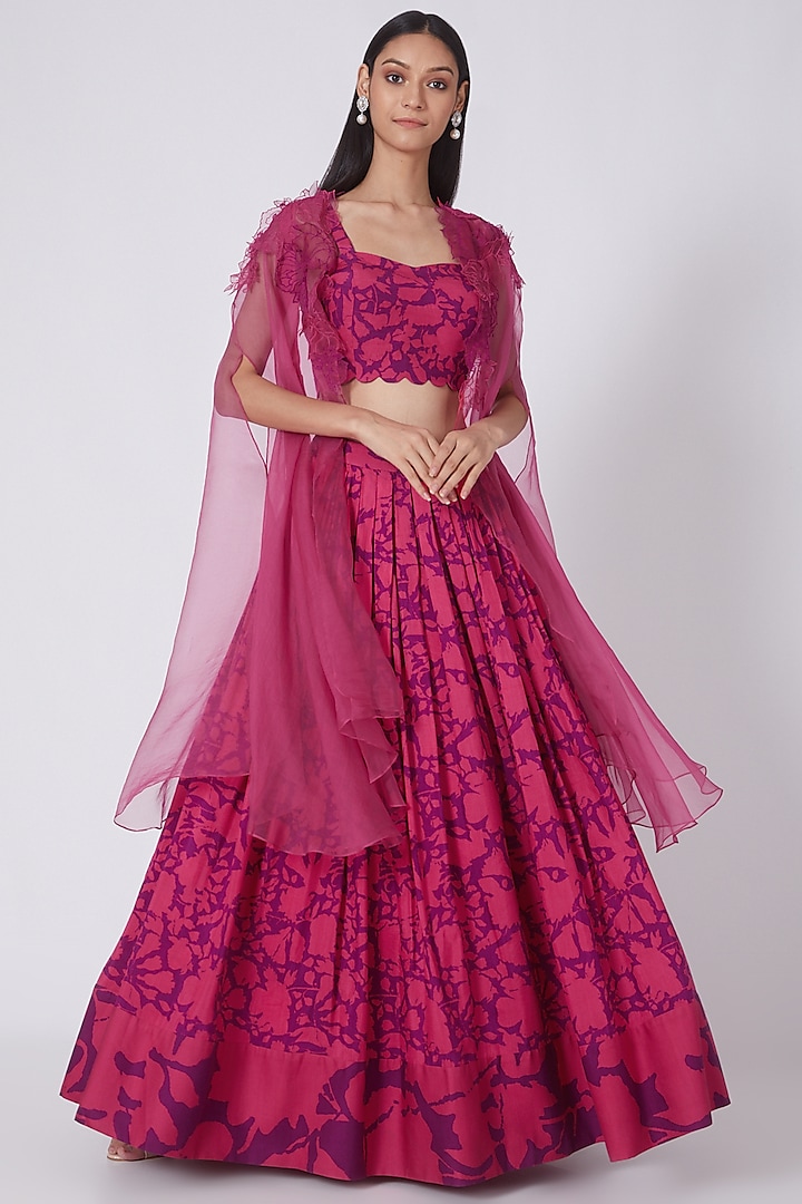 Fuchsia & Purple Printed Skirt Set by Dev R Nil