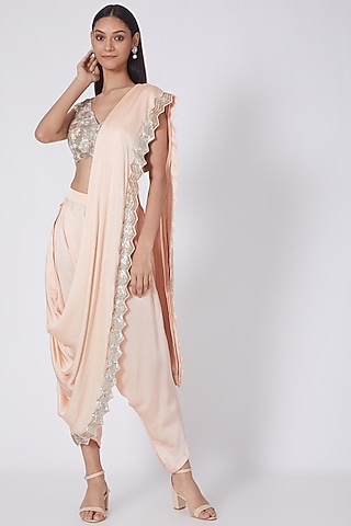 Peach Satin Zardosi Embroidered Draped Dhoti Saree Set by Dev R Nil