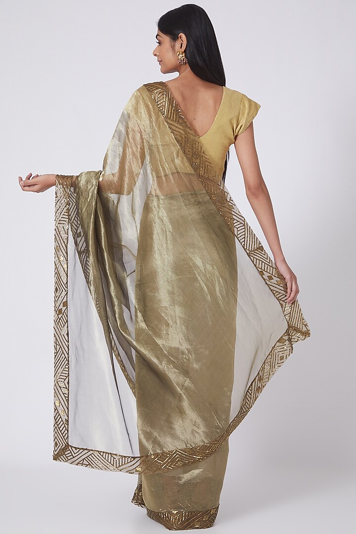 Bronze Tissue Geometric Zardosi Embroidered Reception Saree Set by Dev R Nil at Pernia's Pop Up Shop