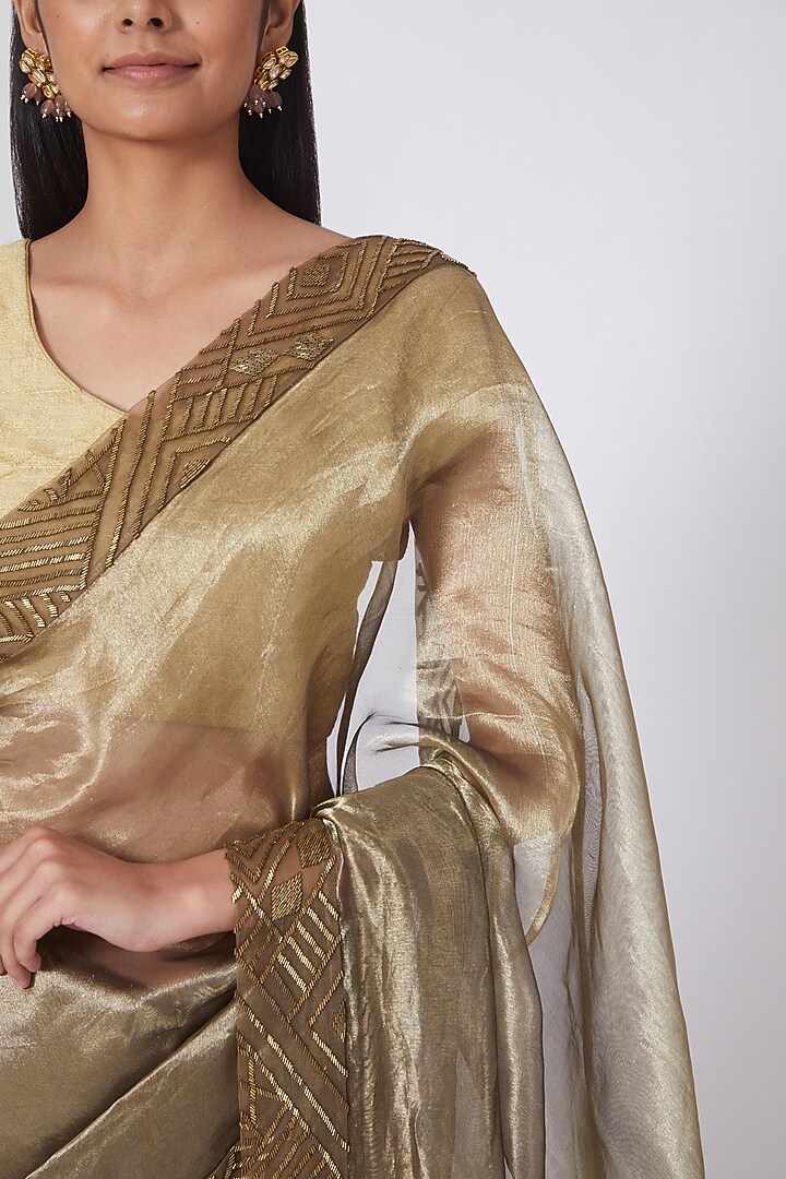 Bronze Tissue Geometric Zardosi Embroidered Reception Saree Set by Dev R Nil at Pernia's Pop Up Shop