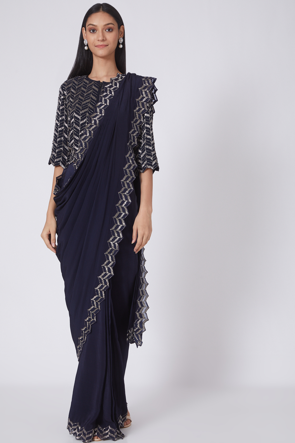 Navy Blue Zardosi Embroidered Reception Saree Set by Dev R Nil at Pernia's Pop Up Shop