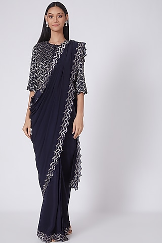 Navy Blue Zardosi Embroidered Saree Set by Dev R Nil
