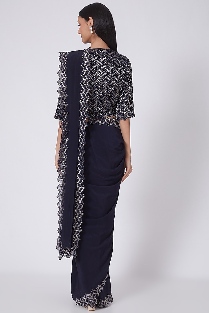 Navy Blue Zardosi Embroidered Reception Saree Set by Dev R Nil at Pernia's Pop Up Shop
