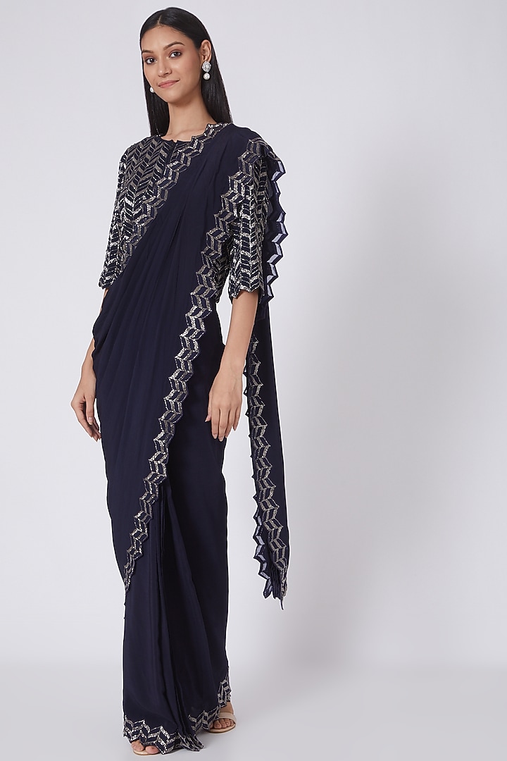 Navy Blue Zardosi Embroidered Reception Saree Set by Dev R Nil at Pernia's Pop Up Shop