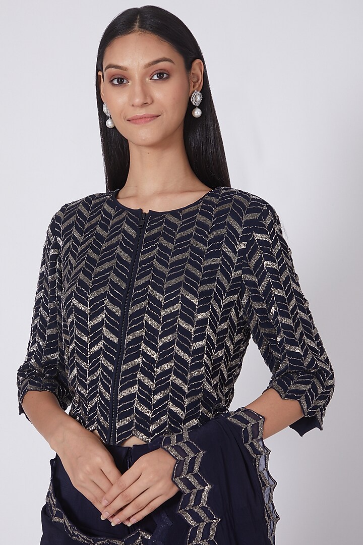 Navy Blue Zardosi Embroidered Reception Saree Set by Dev R Nil at Pernia's Pop Up Shop