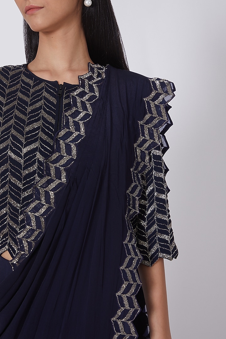 Navy Blue Zardosi Embroidered Reception Saree Set by Dev R Nil at Pernia's Pop Up Shop