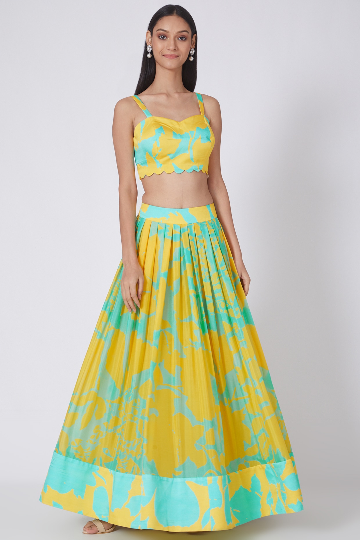 Yellow Mint Green Digital Printed Skirt Set Design by Dev R Nil