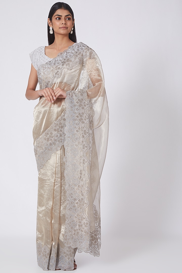 Silver Applique Embroidered Saree Set by Dev R Nil
