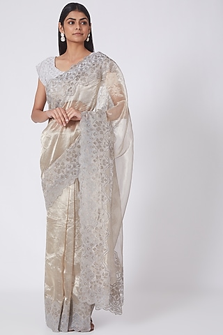 Silver Applique Embroidered Saree Set by Dev R Nil