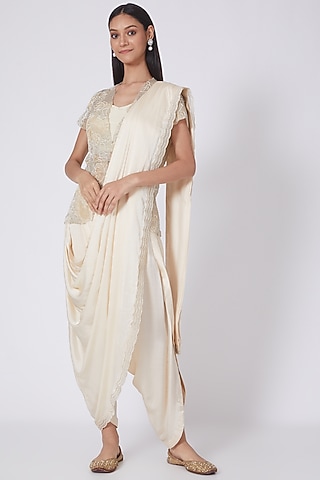 Cream Crepe Applique Embroidered Dhoti Saree Set by Dev R Nil