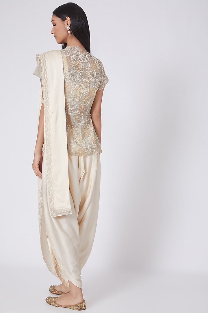Cream Crepe Applique Embroidered Dhoti Reception Saree Set by Dev R Nil at Pernia's Pop Up Shop