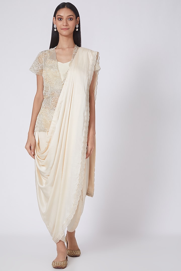 Cream Crepe Applique Embroidered Dhoti Reception Saree Set by Dev R Nil at Pernia's Pop Up Shop