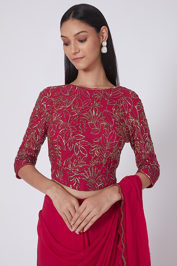 Red Zardosi Embroidered Wedding Saree Set by Dev R Nil at Pernia's Pop Up Shop