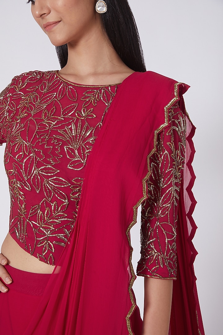 Red Zardosi Embroidered Wedding Saree Set by Dev R Nil at Pernia's Pop Up Shop