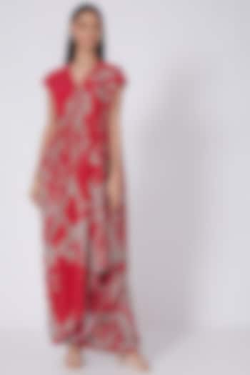 Red & Grey Crepe Digital Printed Draped Saree Set by Dev R Nil