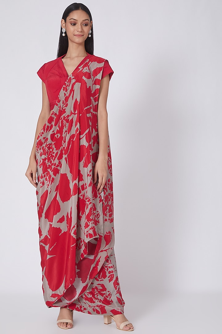 Red & Grey Crepe Digital Printed Draped Saree Set by Dev R Nil