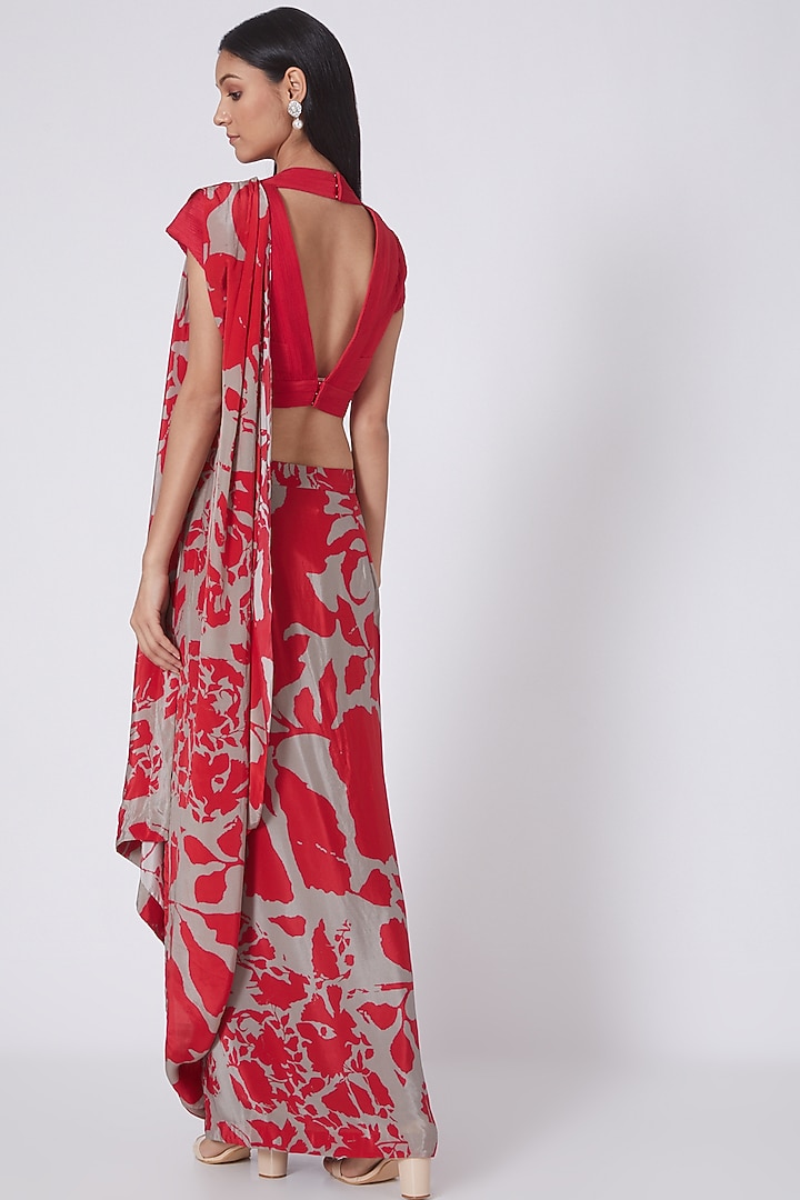 Red & Grey Crepe Fossil Digital Printed Draped Wedding Saree Set by Dev R Nil at Pernia's Pop Up Shop