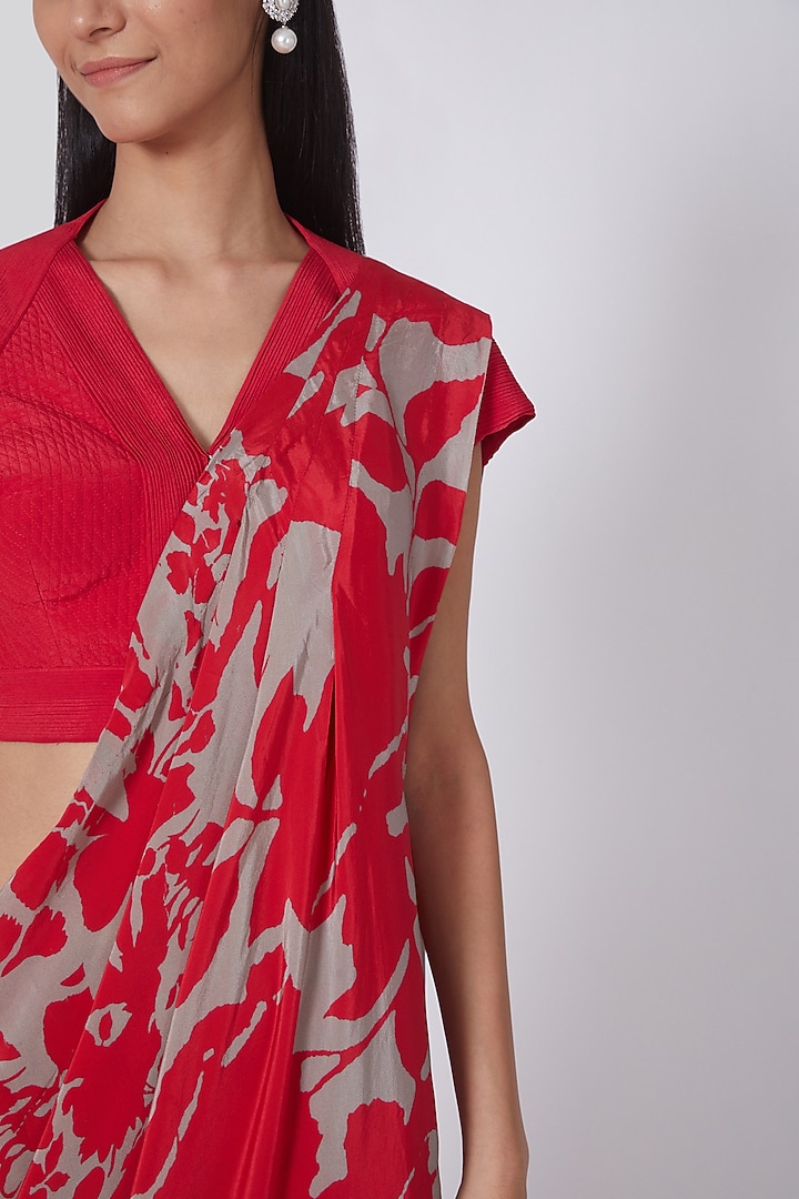 Red & Grey Crepe Fossil Digital Printed Draped Wedding Saree Set by Dev R Nil at Pernia's Pop Up Shop