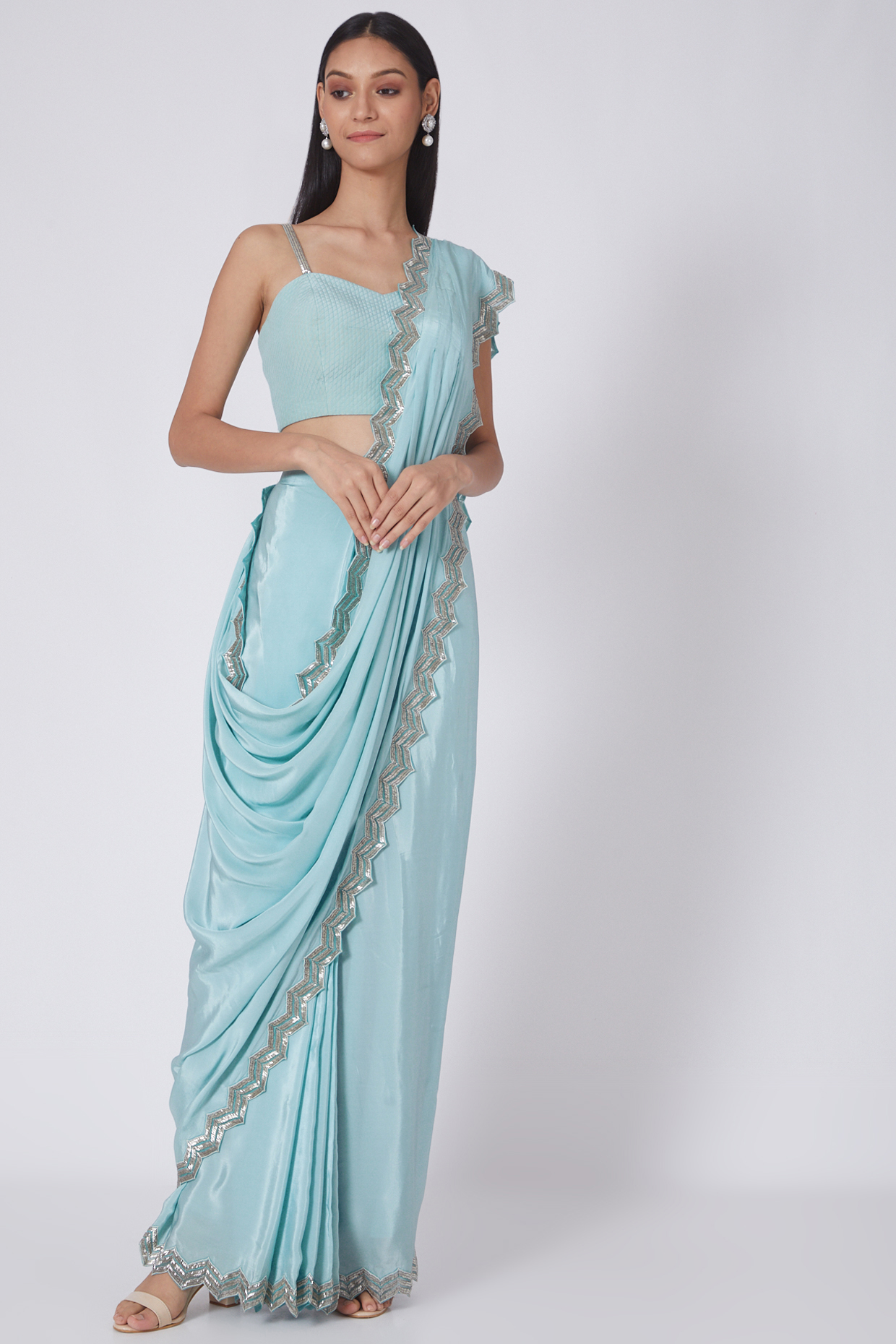 Powder Blue Zardosi Embroidered Wedding Saree Set by Dev R Nil at Pernia's Pop Up Shop