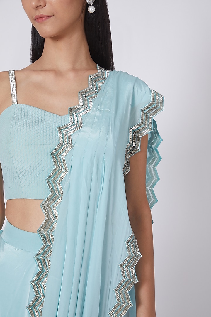 Powder Blue Zardosi Embroidered Wedding Saree Set by Dev R Nil at Pernia's Pop Up Shop