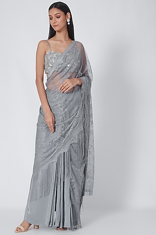 Grey Zardosi Embroidered Saree Set by Dev R Nil