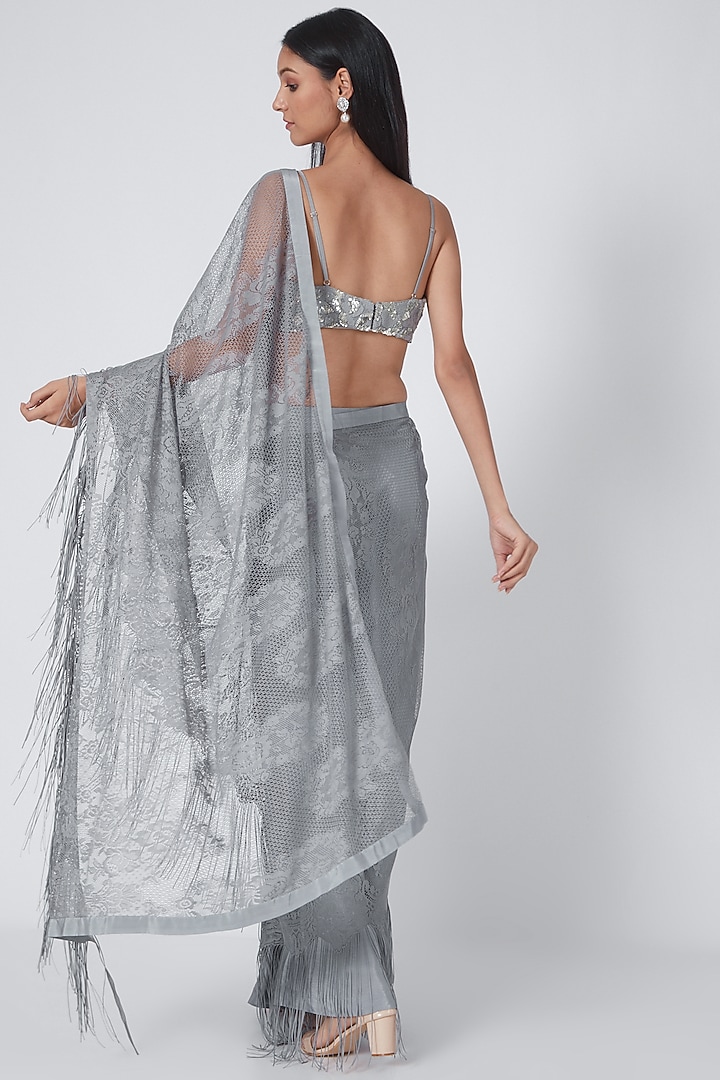 Grey Zardosi Embroidered Wedding Saree Set by Dev R Nil at Pernia's Pop Up Shop