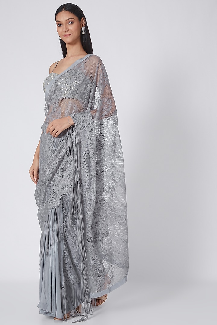 Grey Zardosi Embroidered Wedding Saree Set by Dev R Nil at Pernia's Pop Up Shop