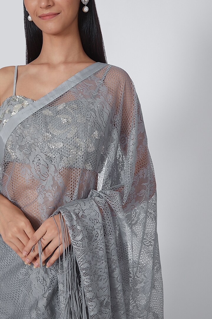 Grey Zardosi Embroidered Wedding Saree Set by Dev R Nil at Pernia's Pop Up Shop