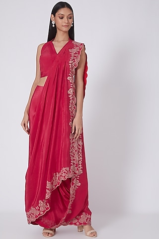 Red Applique Embroidered Saree Set by Dev R Nil