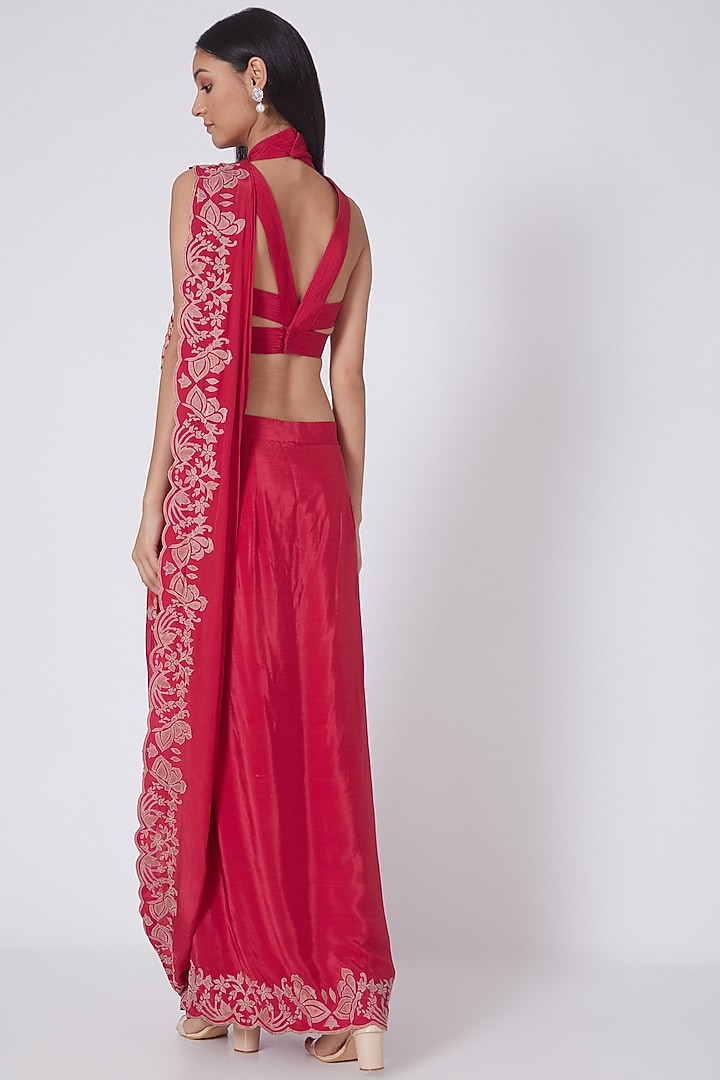 Red Applique Embroidered Wedding Saree Set by Dev R Nil at Pernia's Pop Up Shop
