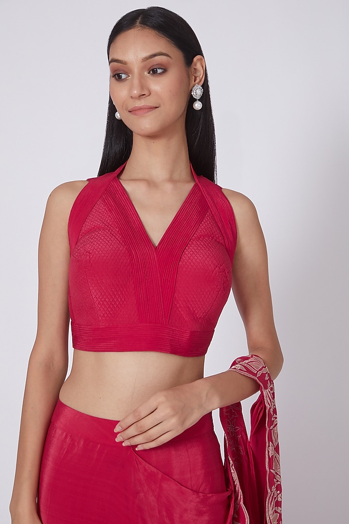 Red Applique Embroidered Wedding Saree Set by Dev R Nil at Pernia's Pop Up Shop