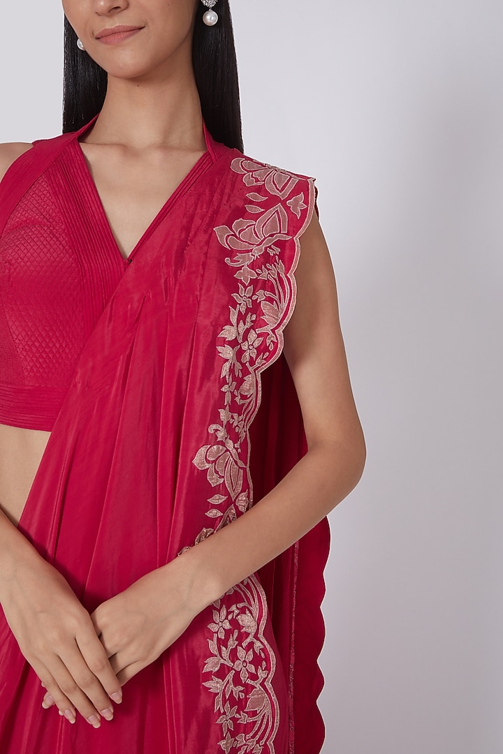 Red Applique Embroidered Wedding Saree Set by Dev R Nil at Pernia's Pop Up Shop