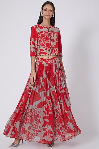 Red & Grey Digital Printed Short Jacket Set by Dev R Nil