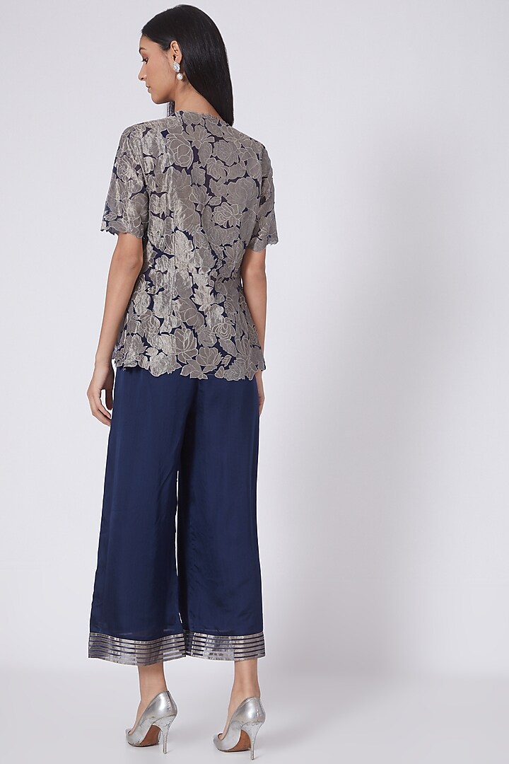 Navy Blue Applique Embroidered Jacket Set by Dev R Nil at Pernia's Pop Up Shop