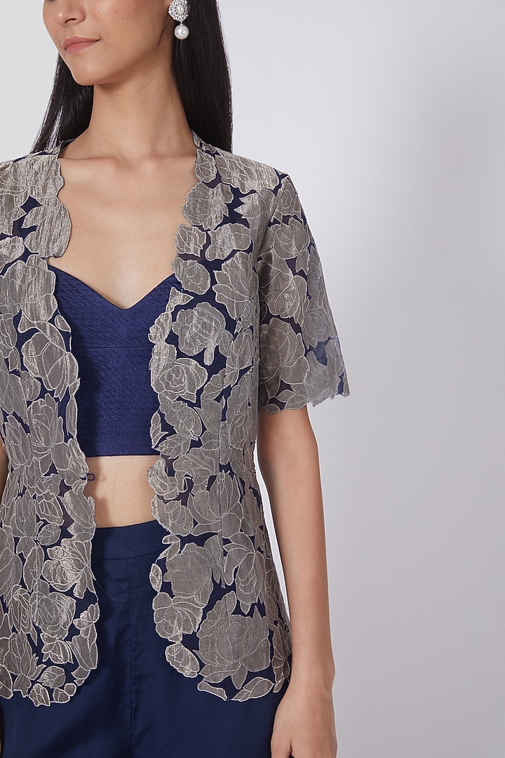 Navy Blue Applique Embroidered Jacket Set by Dev R Nil at Pernia's Pop Up Shop