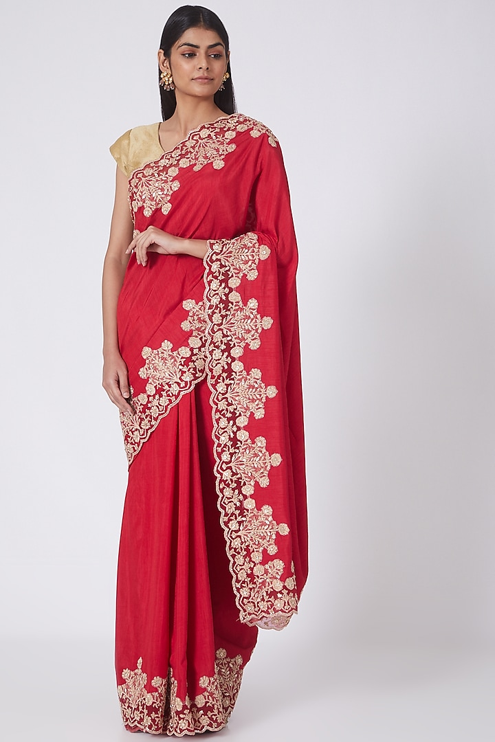 Red & Gold Zardosi Embroidered Saree Set by Dev R Nil
