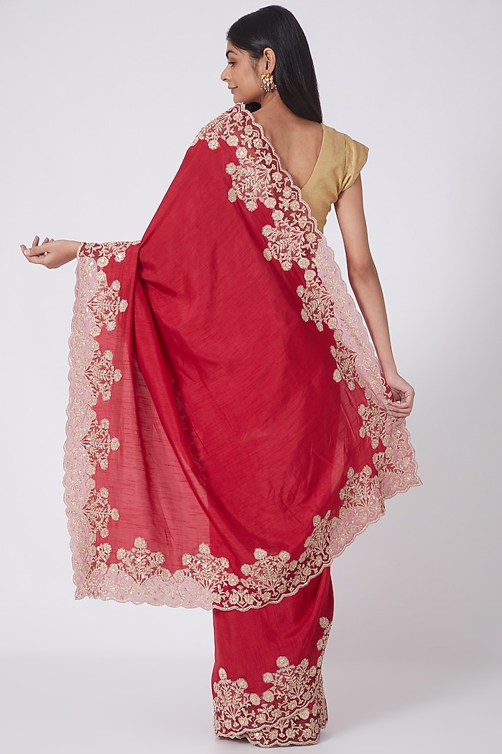Red & Gold Zardosi Embroidered Reception Saree Set by Dev R Nil at Pernia's Pop Up Shop