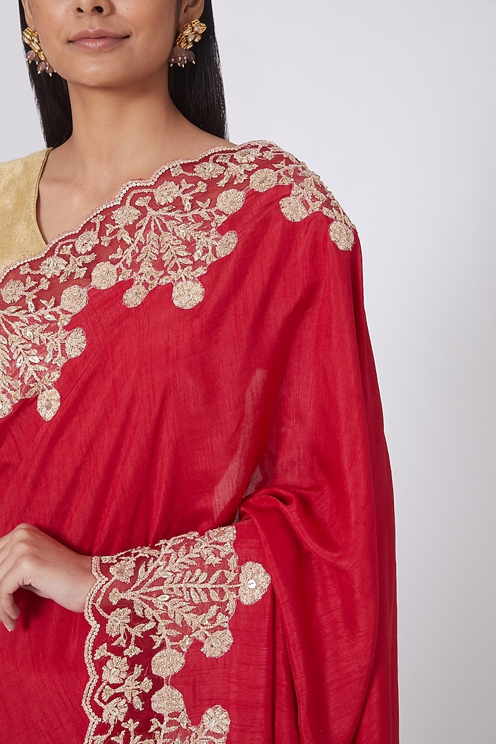Red & Gold Zardosi Embroidered Reception Saree Set by Dev R Nil at Pernia's Pop Up Shop