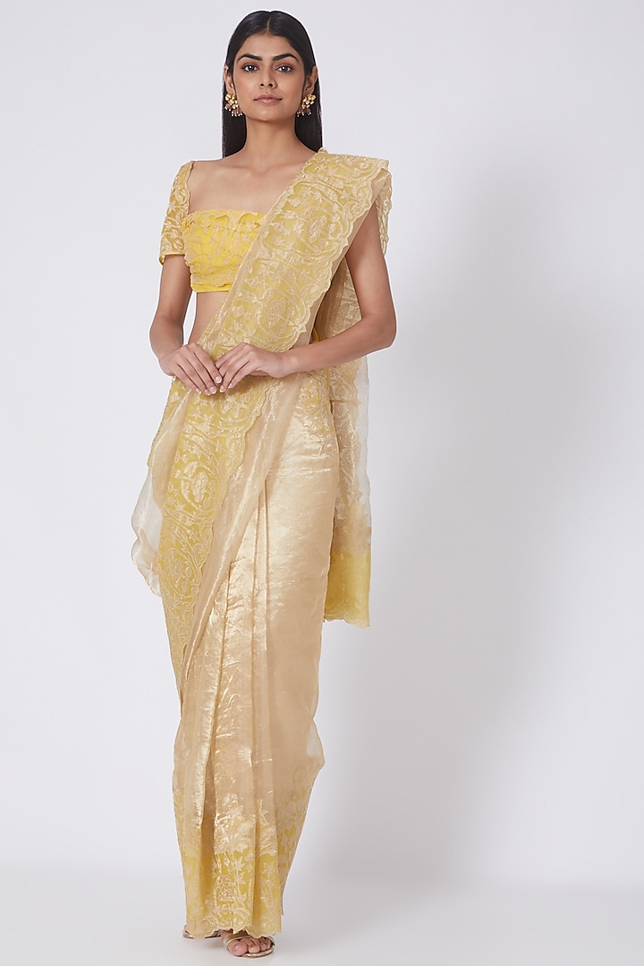 Gold & Yellow Applique Embroidered Saree Set by Dev R Nil