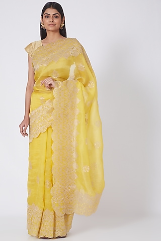 Yellow & Gold Applique Embroidered Saree Set by Dev R Nil