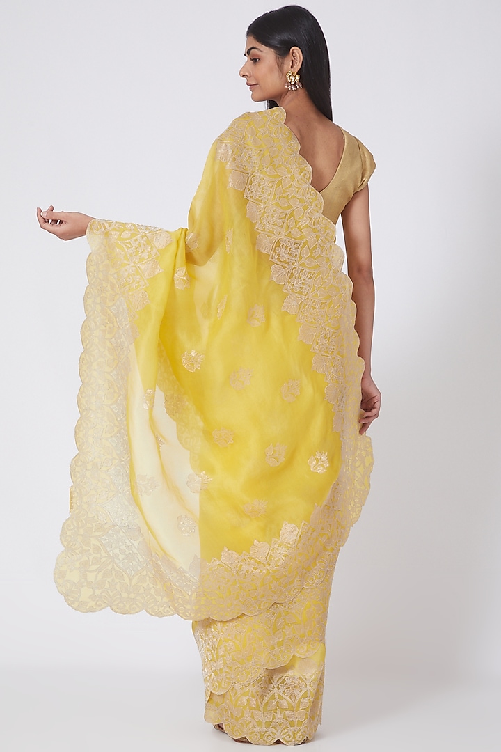 Yellow & Gold Applique Embroidered Reception Saree Set by Dev R Nil at Pernia's Pop Up Shop