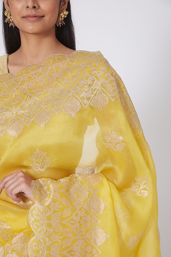 Yellow & Gold Applique Embroidered Reception Saree Set by Dev R Nil at Pernia's Pop Up Shop