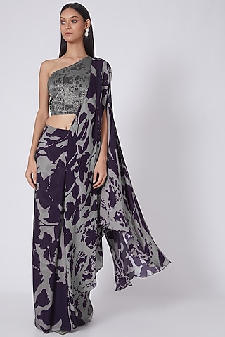 Blue Georgette Digital Printed Saree by Dev R Nil