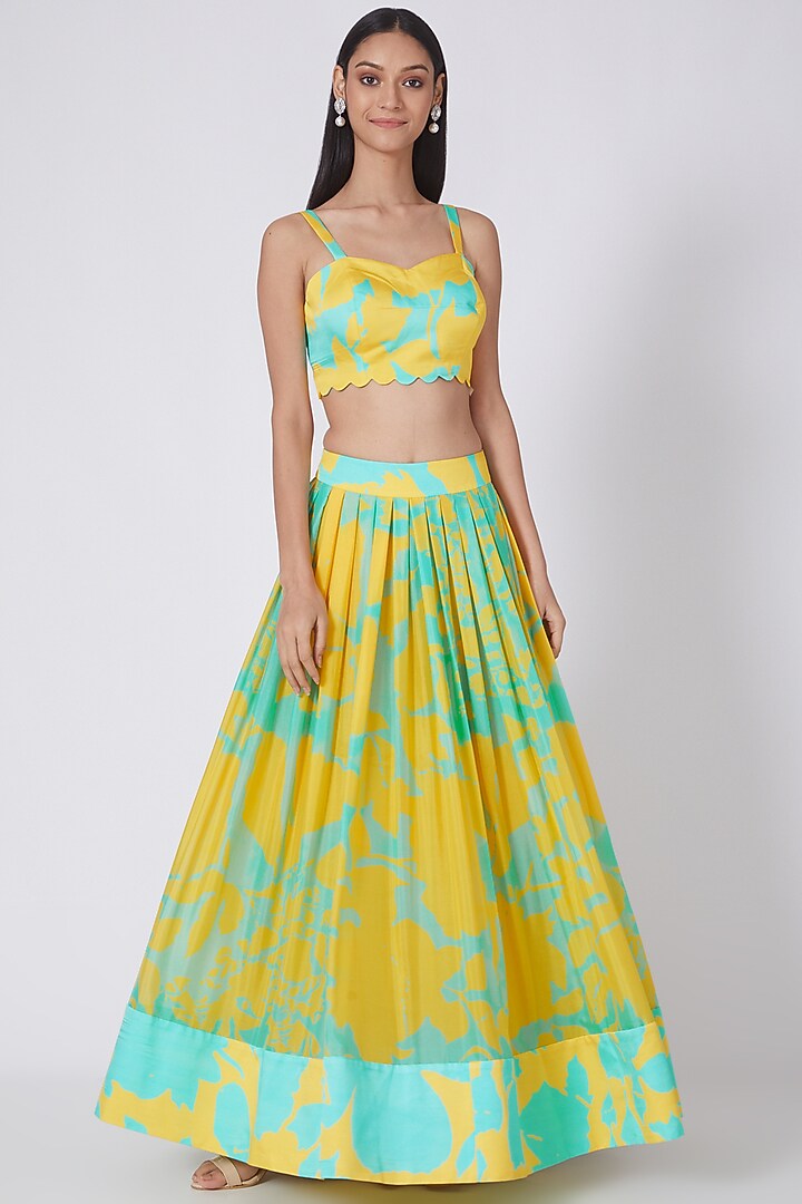 Mint Green & Yellow Digital Printed Skirt Set by Dev R Nil at Pernia's Pop Up Shop