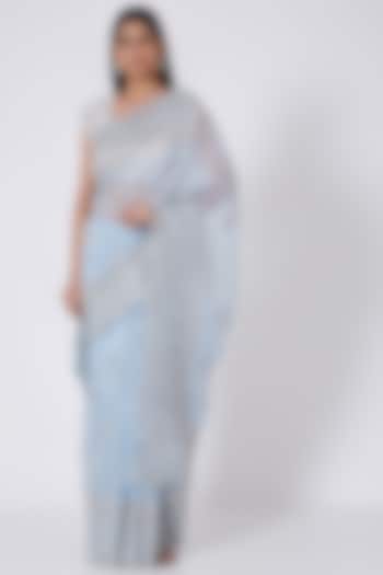 Ash Blue & Silver Applique Embroidered Saree Set by Dev R Nil
