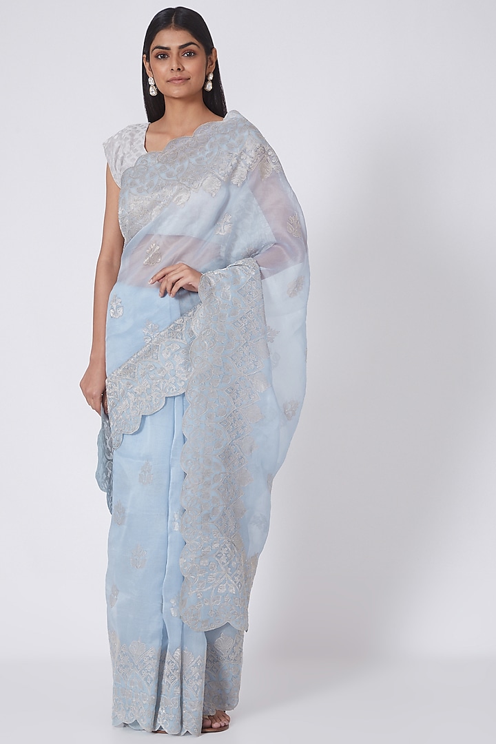 Ash Blue & Silver Applique Embroidered Saree Set by Dev R Nil